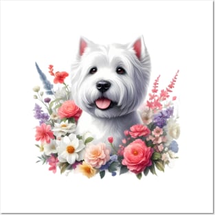 A west highland white terrier decorated with beautiful colorful flowers. Posters and Art